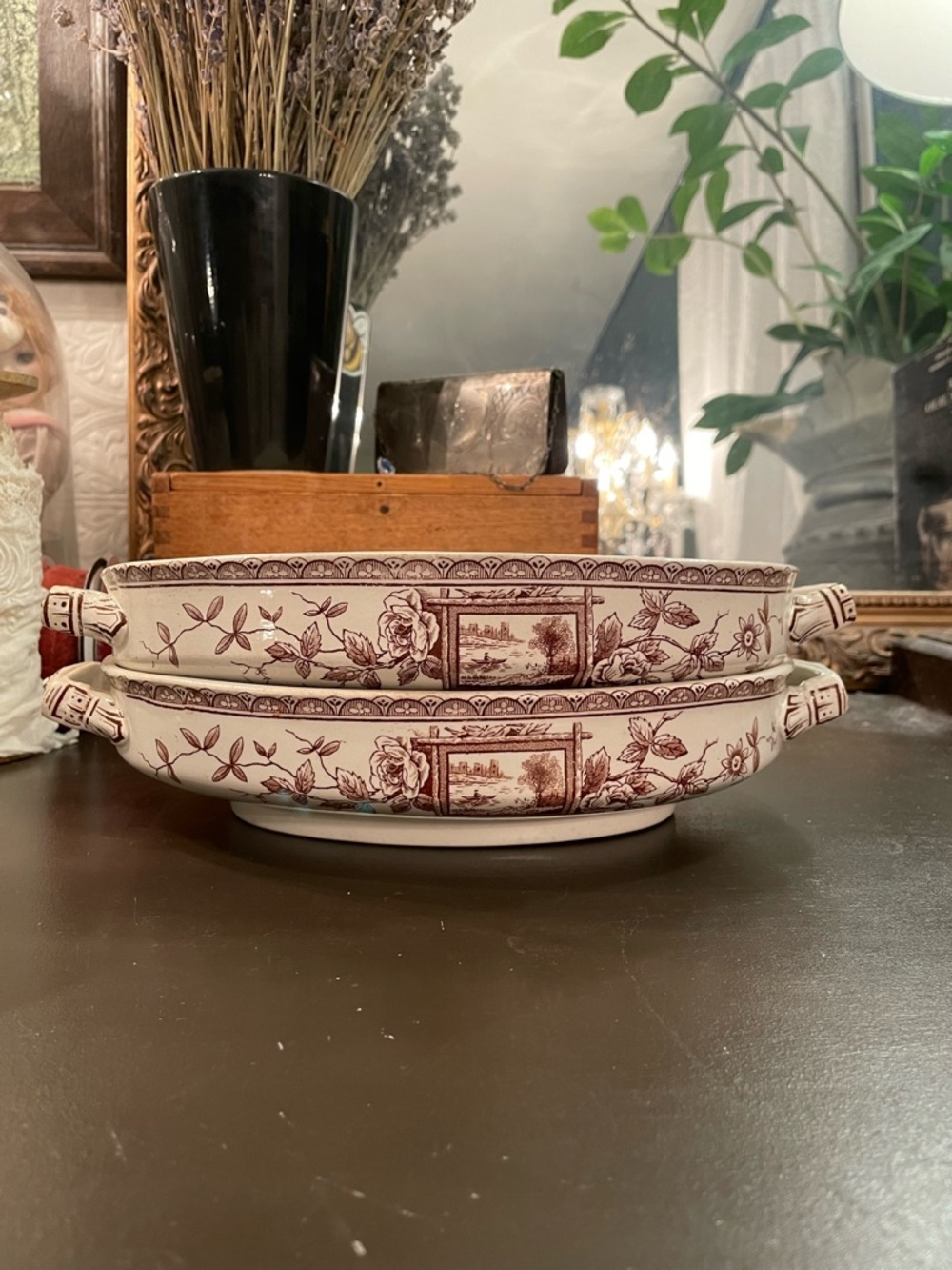 “Maitland” W & T Adams Set of 2 Red Brown Transferware Serving Dishes